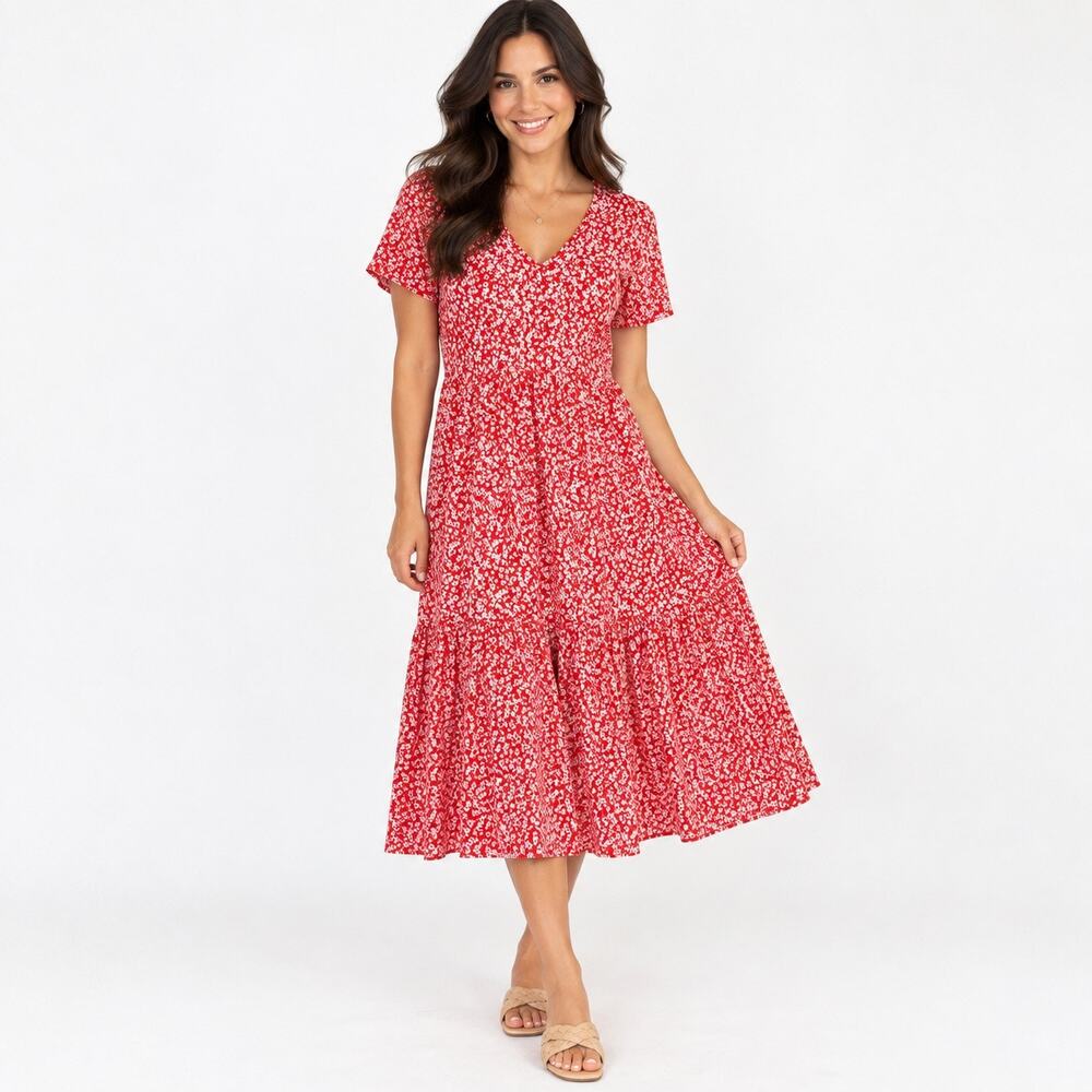 J. Crew Cotton Flowy long Dress red with white pattern. Short sleeve women S